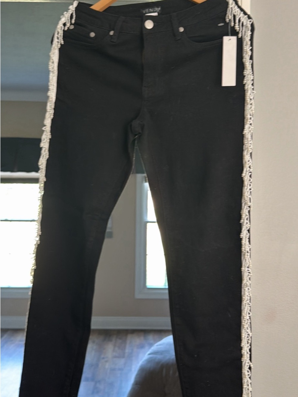 VENUS Black Denim Pants with Branded Waistband white pearl fringe